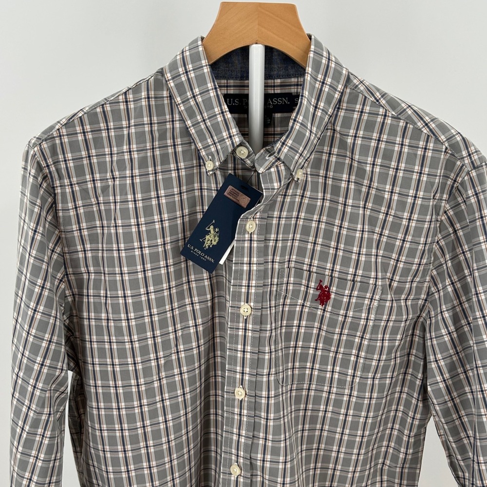US Polo Assn Mens Small Grey Plaid Button Down Shirt Long Sleeve NWT